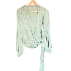 Altar’d State Satin Mint Green Wrap Long Sleeve Crop Blouse Womens Large